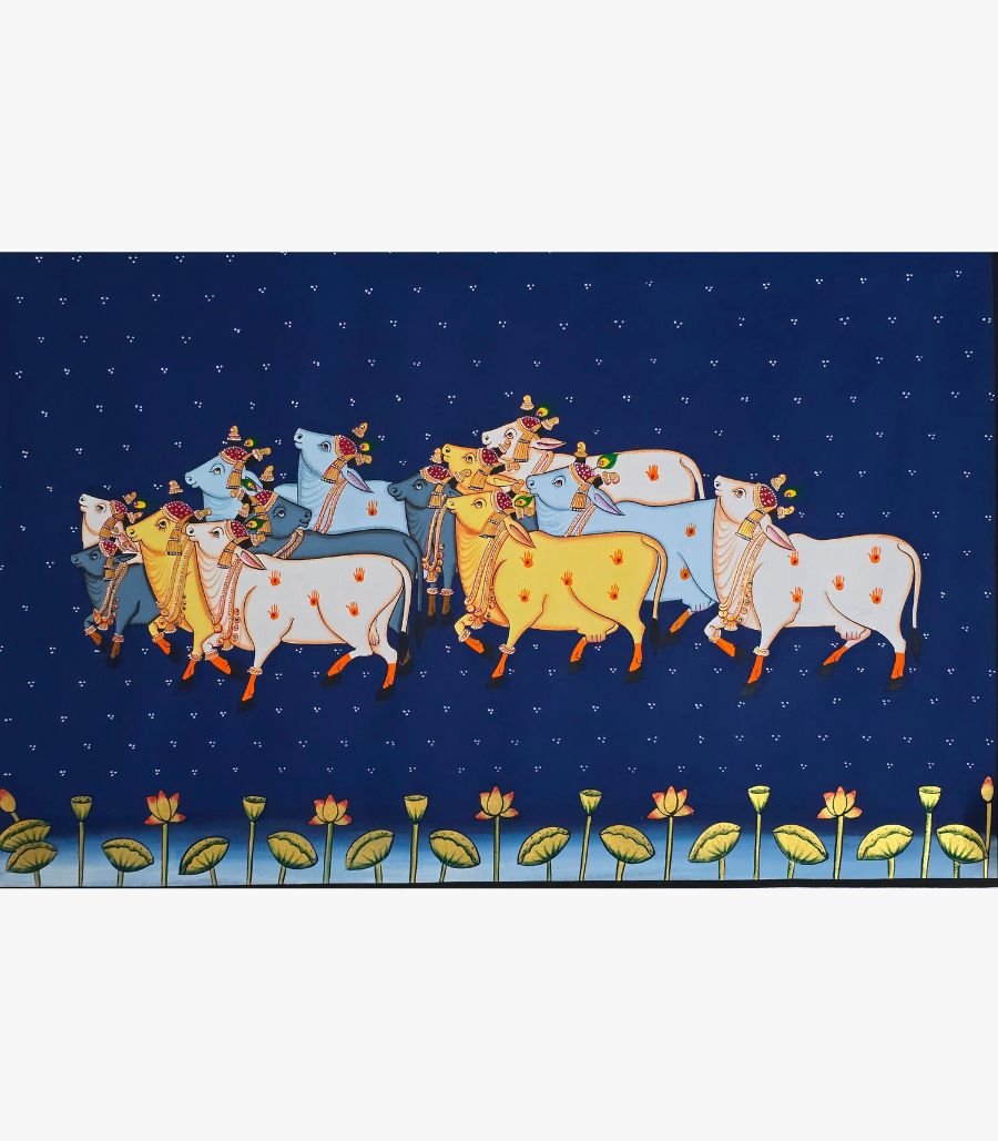 Chanchal Soni - Holy Cows Pichwai Painting (18 x 28 Inch) Traditional Pichwai painting of sacred cows adorned with orange handprints and ornate jewelry under a starry night sky by artist Chanchal Soni.