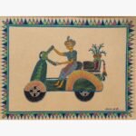 Contemporary Indian tribal folk art painting by Chanchal Soni featuring a stylized figure riding a patterned scooter with flowers, hand-painted in acrylic on paper.