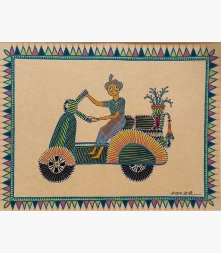 Contemporary Indian tribal folk art painting by Chanchal Soni featuring a stylized figure riding a patterned scooter with flowers, hand-painted in acrylic on paper.