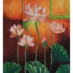 A serene soft pastel painting of blossoming lotus flowers on a warm abstract background, created by artist Hetal Kankariya.