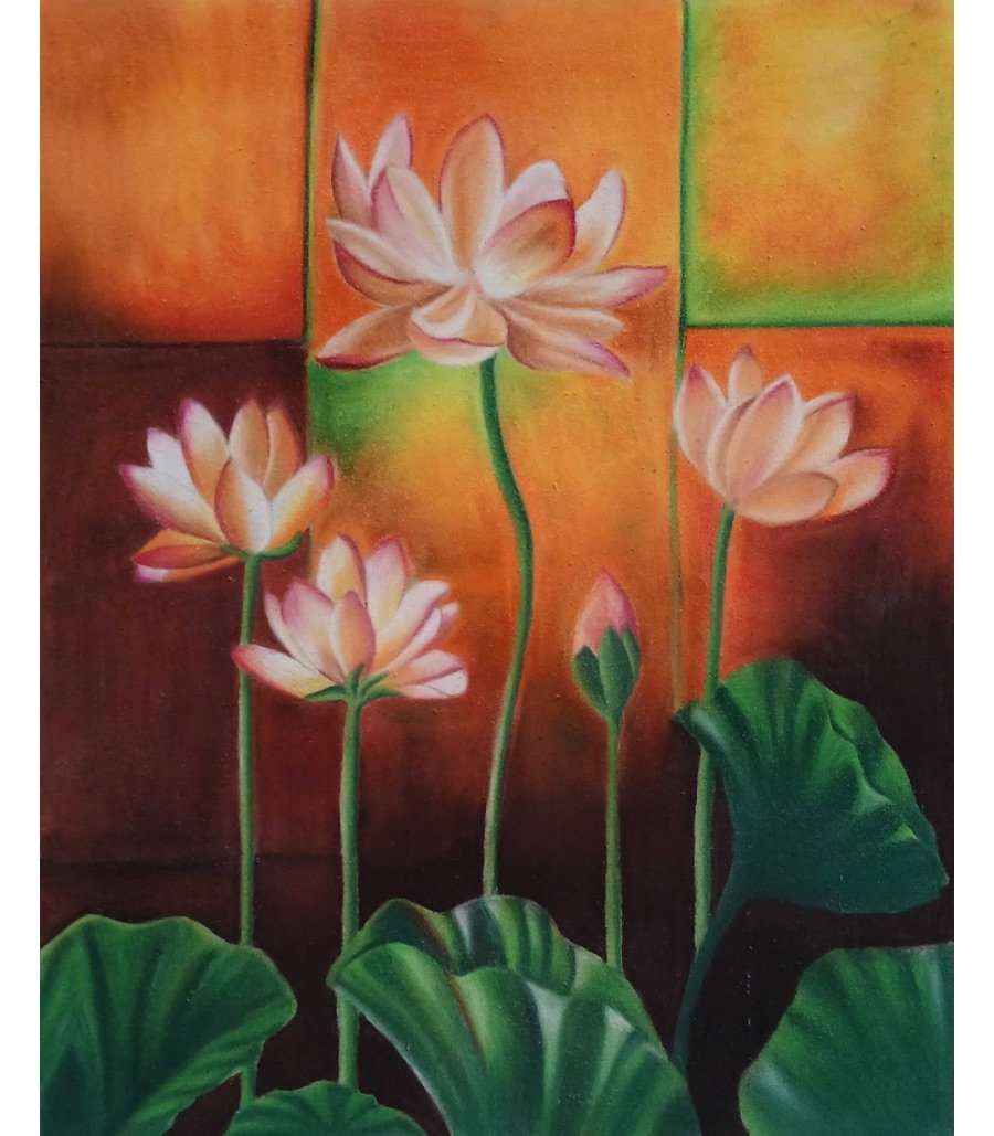 Lotus Bloom Soft Pastel Art by Hetal Kankariya A serene soft pastel painting of blossoming lotus flowers on a warm abstract background, created by artist Hetal Kankariya.