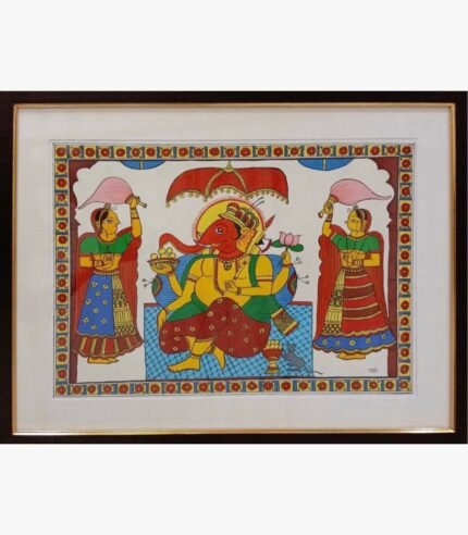 Hand-painted Madhubani style artwork of Lord Ganesha in vibrant poster colors by artist Hetal Kankariya, featuring ornate borders and traditional Indian motifs.