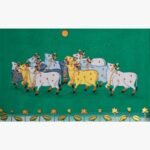 Traditional Rajasthani Pichwai painting titled Sacred Cows under Golden Sun by artist Chanchal Soni, featuring a herd of ornamented cows on a green background.