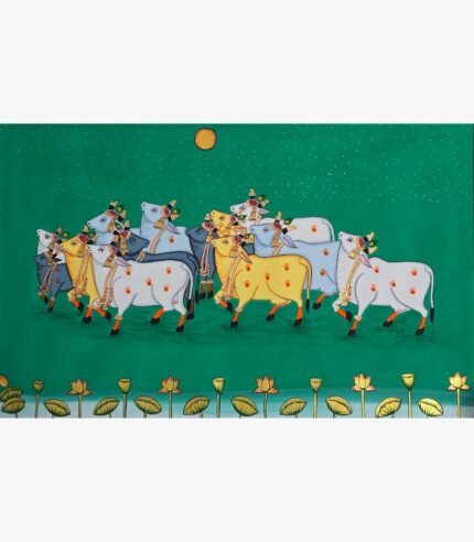 Traditional Rajasthani Pichwai painting titled Sacred Cows under Golden Sun by artist Chanchal Soni, featuring a herd of ornamented cows on a green background.