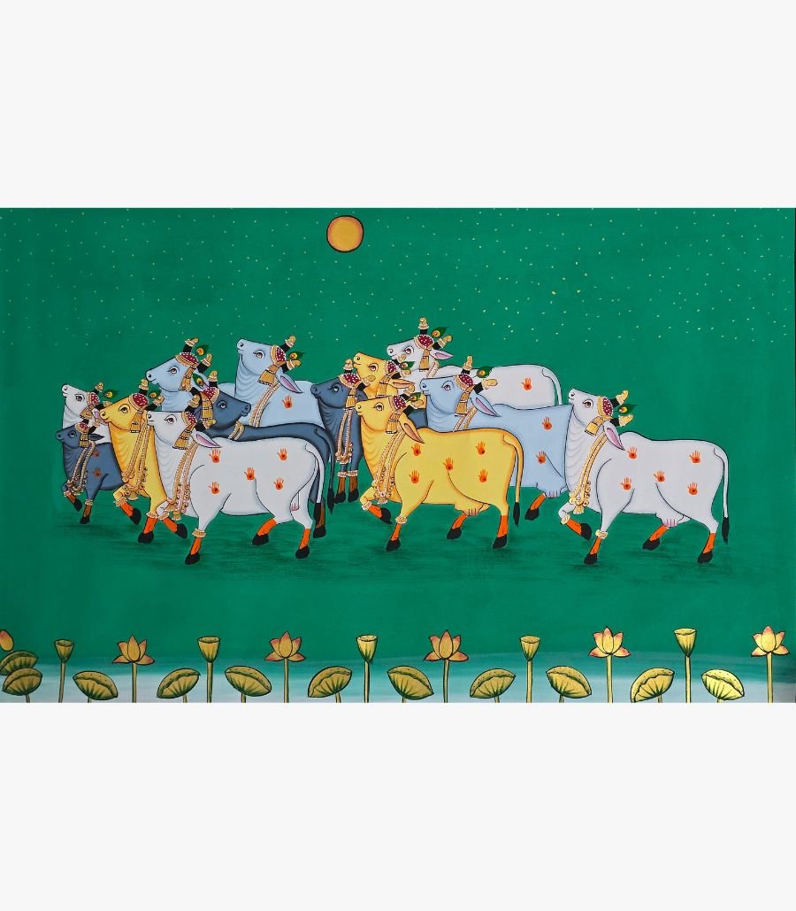 BB.jpg Traditional Rajasthani Pichwai painting titled Sacred Cows under Golden Sun by artist Chanchal Soni, featuring a herd of ornamented cows on a green background.