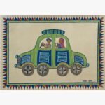 Contemporary Indian tribal painting by Chanchal Soni featuring a stylized couple driving a patterned green and blue car, hand-painted in acrylic on paper.