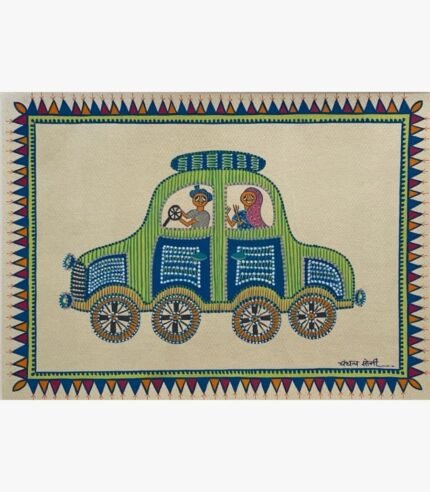 Contemporary Indian tribal painting by Chanchal Soni featuring a stylized couple driving a patterned green and blue car, hand-painted in acrylic on paper.