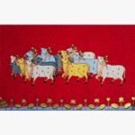 Traditional Rajasthani Pichwai painting titled Sacred Cows in Crimson Sky by artist Chanchal Soni, featuring beautifully adorned holy cows against a vibrant red star-lit background.