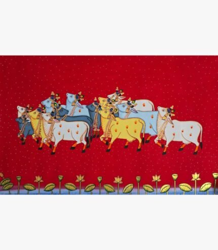 Traditional Rajasthani Pichwai painting titled Sacred Cows in Crimson Sky by artist Chanchal Soni, featuring beautifully adorned holy cows against a vibrant red star-lit background.