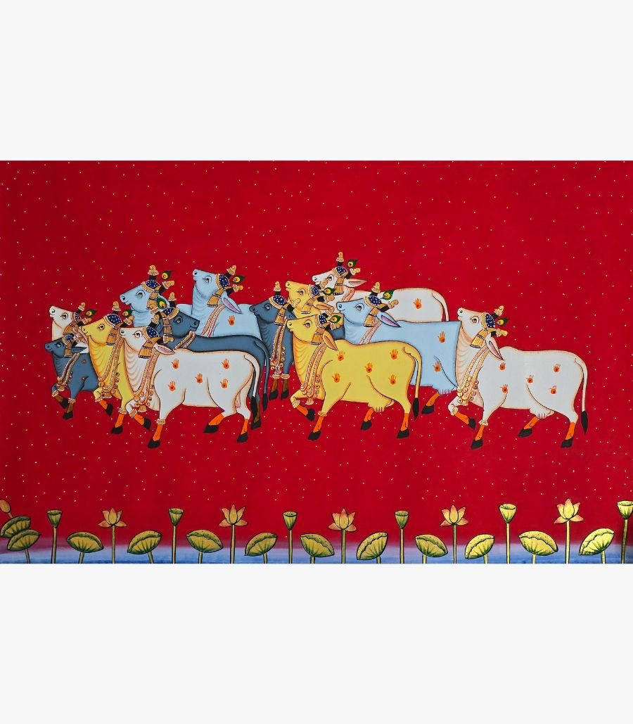 CC Traditional Rajasthani Pichwai painting titled Sacred Cows in Crimson Sky by artist Chanchal Soni, featuring beautifully adorned holy cows against a vibrant red star-lit background.