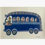 Contemporary Indian folk art painting by Chanchal Soni featuring a stylized blue village bus filled with smiling passengers, hand-painted in acrylic on paper.