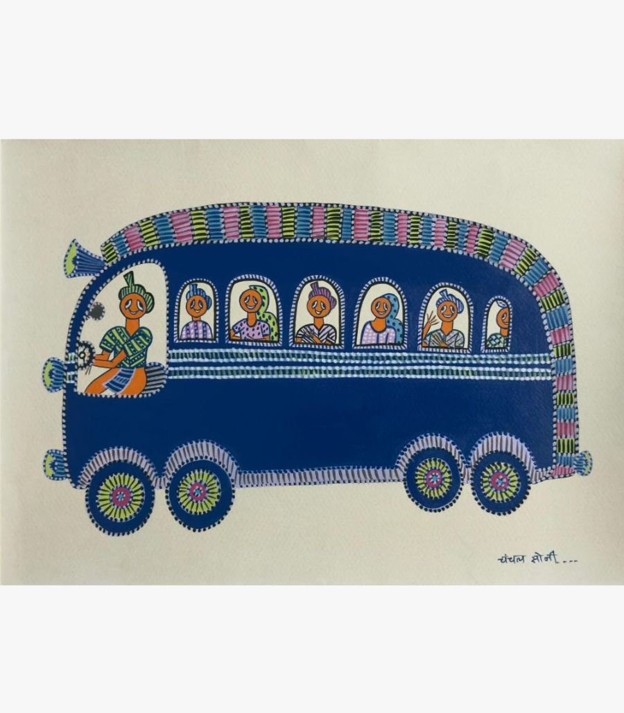 Chanchal Soni - Village Bus Chronicles - Acrylic on Paper Contemporary Indian folk art painting by Chanchal Soni featuring a stylized blue village bus filled with smiling passengers, hand-painted in acrylic on paper.