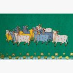 Traditional Rajasthani Pichwai painting titled Sacred Cows in Emerald Pasture by artist Chanchal Soni, featuring beautifully adorned holy cows against a detailed green background.