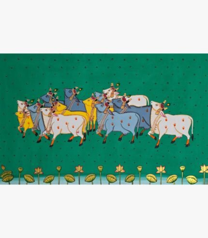 Traditional Rajasthani Pichwai painting titled Sacred Cows in Emerald Pasture by artist Chanchal Soni, featuring beautifully adorned holy cows against a detailed green background.