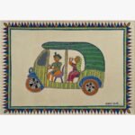 Contemporary Indian tribal painting by Chanchal Soni featuring a stylized green auto rickshaw with a driver and passenger passenger, hand-painted in acrylic on paper.