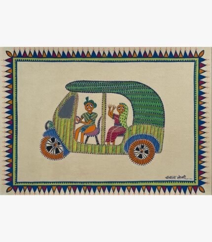 Contemporary Indian tribal painting by Chanchal Soni featuring a stylized green auto rickshaw with a driver and passenger passenger, hand-painted in acrylic on paper.
