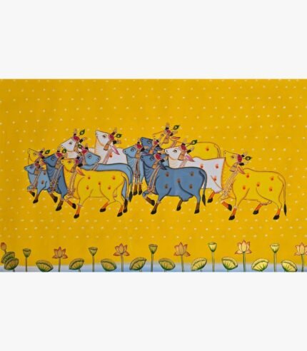 Traditional Rajasthani Pichwai painting titled Sacred Cows in Golden Meadow by artist Chanchal Soni, featuring beautifully adorned holy cows against a vibrant yellow star-lit background.