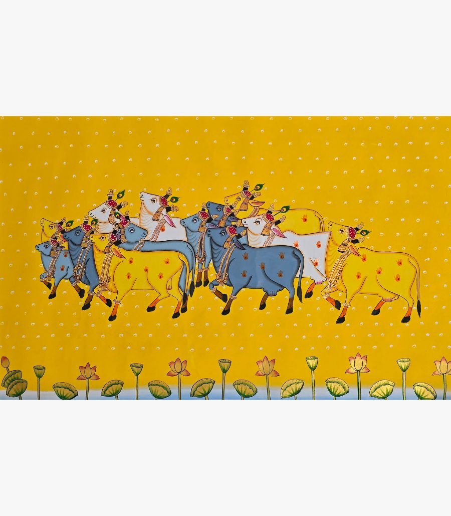 EE Traditional Rajasthani Pichwai painting titled Sacred Cows in Golden Meadow by artist Chanchal Soni, featuring beautifully adorned holy cows against a vibrant yellow star-lit background.