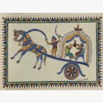 Traditional Indian tribal painting by Chanchal Soni showcasing a stylized horse-drawn chariot with a driver and passengers, hand-painted in acrylic on paper.