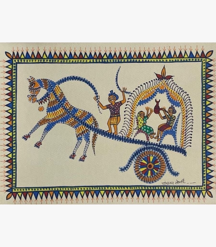 Chanchal Soni - Royal Chariot Procession - Acrylic on Paper Traditional Indian tribal painting by Chanchal Soni showcasing a stylized horse-drawn chariot with a driver and passengers, hand-painted in acrylic on paper.