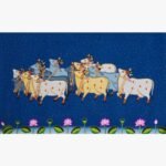 Traditional Rajasthani Pichwai painting titled Sacred Cows in Twilight Blue by artist Chanchal Soni, featuring a procession of adorned holy cows against a dark blue starry background.