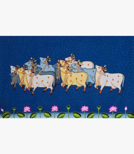 Traditional Rajasthani Pichwai painting titled Sacred Cows in Twilight Blue by artist Chanchal Soni, featuring a procession of adorned holy cows against a dark blue starry background.