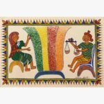 Traditional Indian tribal folk art painting by Chanchal Soni showcasing a merchant with a weighing scale and a customer interacting near a large, colorful textured grain sack, hand-painted in acrylic on paper.