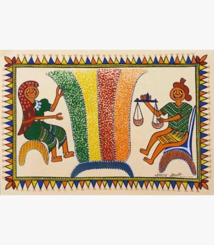 Traditional Indian tribal folk art painting by Chanchal Soni showcasing a merchant with a weighing scale and a customer interacting near a large, colorful textured grain sack, hand-painted in acrylic on paper.