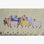 Traditional Rajasthani Pichwai painting titled Sacred Cows in Cream Pasture by artist Chanchal Soni, featuring a festive herd of adorned holy cows against a warm cream background.