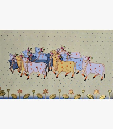 Traditional Rajasthani Pichwai painting titled Sacred Cows in Cream Pasture by artist Chanchal Soni, featuring a festive herd of adorned holy cows against a warm cream background.