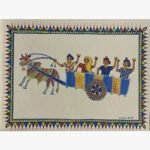 Traditional Indian tribal folk art painting by Chanchal Soni featuring four waving passengers riding a vibrant, patterned bullock cart pulled by a decorated ox, painted in acrylic on paper.