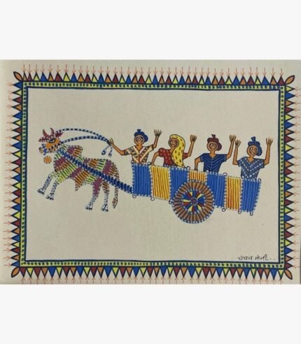 Traditional Indian tribal folk art painting by Chanchal Soni featuring four waving passengers riding a vibrant, patterned bullock cart pulled by a decorated ox, painted in acrylic on paper.