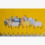 Traditional Rajasthani Pichwai painting titled Sacred Cows in Sunlit Pasture by artist Chanchal Soni, featuring a festive herd of adorned holy cows against a brilliant yellow background.