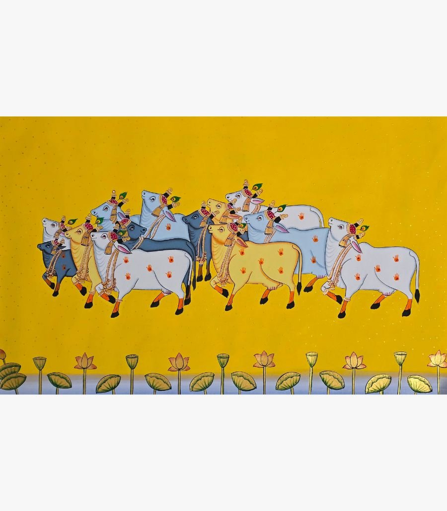HH Traditional Rajasthani Pichwai painting titled Sacred Cows in Sunlit Pasture by artist Chanchal Soni, featuring a festive herd of adorned holy cows against a brilliant yellow background.