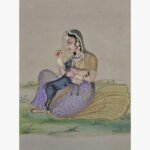 Fine Indian miniature style painting by Chanchal Soni depicting a royal princess in a sheer veil cradling a black fawn, hand-painted in acrylic on paper.