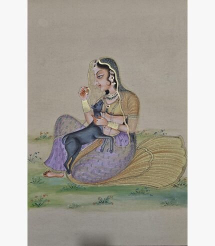 Fine Indian miniature style painting by Chanchal Soni depicting a royal princess in a sheer veil cradling a black fawn, hand-painted in acrylic on paper.