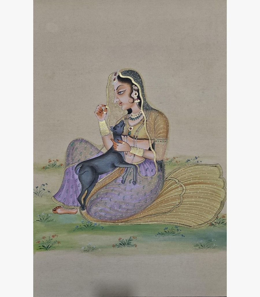 Chanchal Soni - The Princess and the Fawn - Acrylic on Paper Fine Indian miniature style painting by Chanchal Soni depicting a royal princess in a sheer veil cradling a black fawn, hand-painted in acrylic on paper.