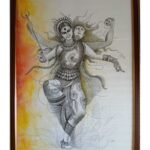 A detailed mixed-media painting of the deity Ardhanarishvara by artist Hetal Kankariya, featuring intricate pen-and-ink linework on a watercolor background.