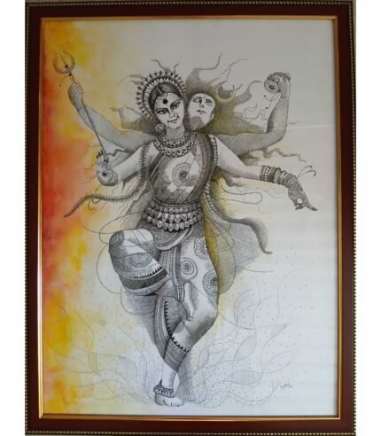 A detailed mixed-media painting of the deity Ardhanarishvara by artist Hetal Kankariya, featuring intricate pen-and-ink linework on a watercolor background.