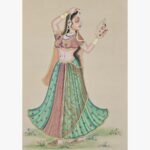 Traditional Indian miniature style painting by Chanchal Soni depicting an elegant royal woman gazing at her reflection in a hand mirror, painted in acrylic on paper.