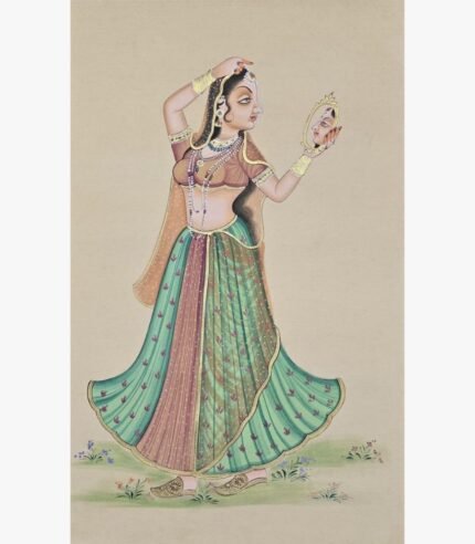 Traditional Indian miniature style painting by Chanchal Soni depicting an elegant royal woman gazing at her reflection in a hand mirror, painted in acrylic on paper.