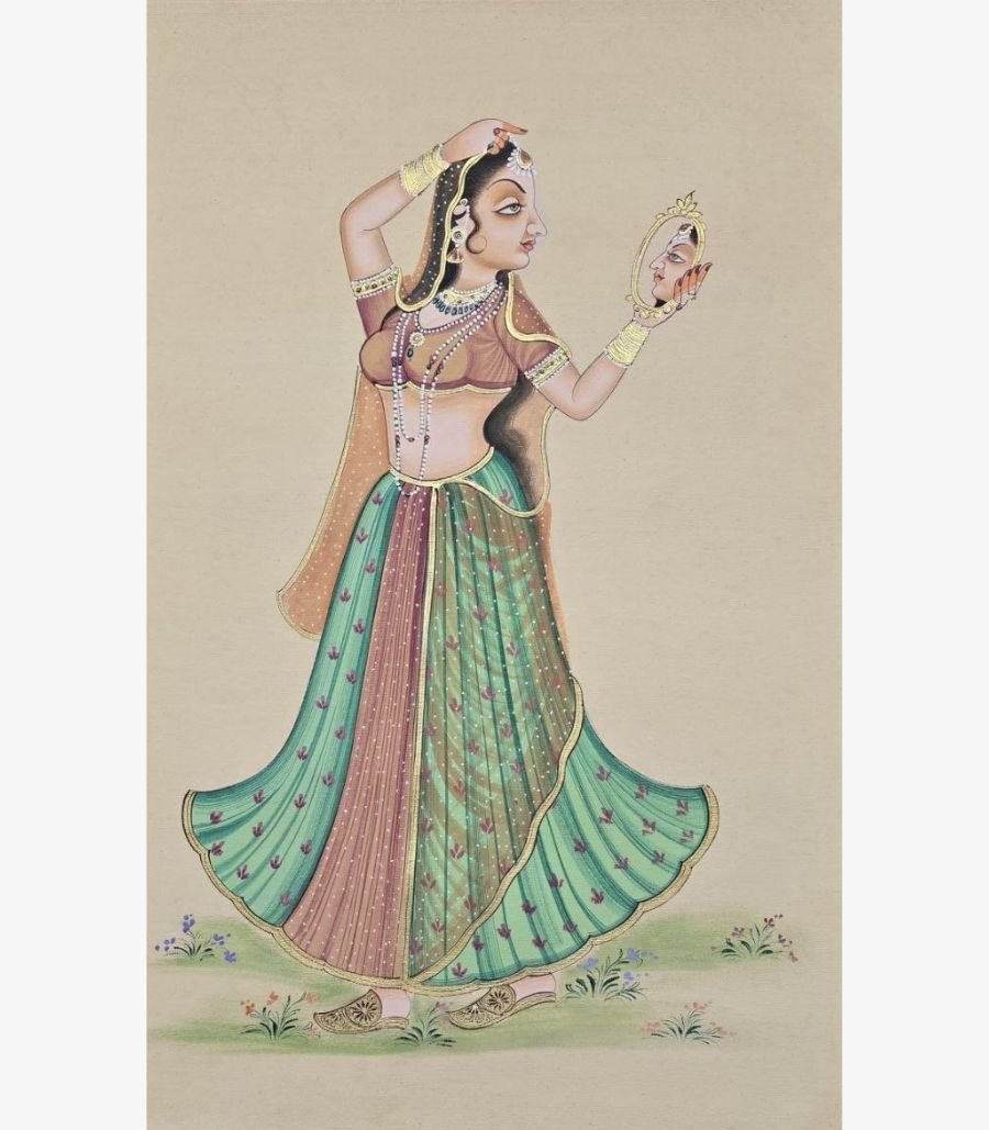 Chanchal Soni - Reflection of Royalty - Acrylic on Paper Traditional Indian miniature style painting by Chanchal Soni depicting an elegant royal woman gazing at her reflection in a hand mirror, painted in acrylic on paper.