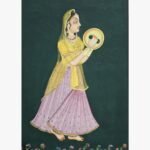 Classical Indian miniature style painting by Chanchal Soni featuring a royal court woman playing a traditional percussion instrument, hand-painted in acrylic on paper.