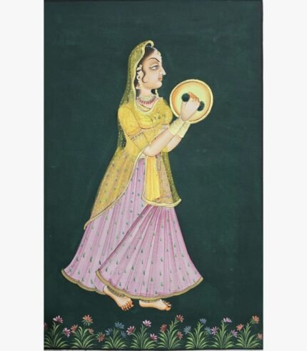 Classical Indian miniature style painting by Chanchal Soni featuring a royal court woman playing a traditional percussion instrument, hand-painted in acrylic on paper.