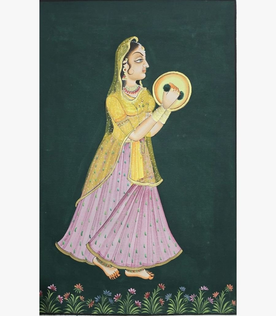 Chanchal Soni - Melody of the Court - Acrylic on Paper Classical Indian miniature style painting by Chanchal Soni featuring a royal court woman playing a traditional percussion instrument, hand-painted in acrylic on paper.