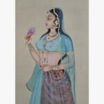 Classical Indian miniature style painting by Chanchal Soni depicting an elegant royal princess holding a pink lotus blossom, hand-painted in acrylic on paper.