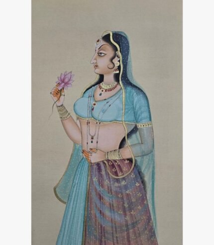 Classical Indian miniature style painting by Chanchal Soni depicting an elegant royal princess holding a pink lotus blossom, hand-painted in acrylic on paper.