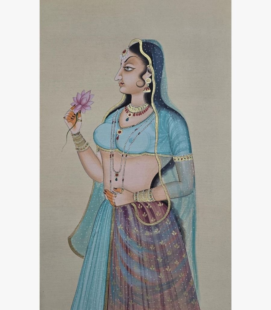 Chanchal Soni - Grace of the Lotus - Acrylic on Paper Classical Indian miniature style painting by Chanchal Soni depicting an elegant royal princess holding a pink lotus blossom, hand-painted in acrylic on paper.