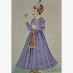 Classical Indian miniature style painting by Chanchal Soni depicting an elegant royal king or maharaja in a purple gold-embroidered jama holding a flower, hand-painted in acrylic on paper.