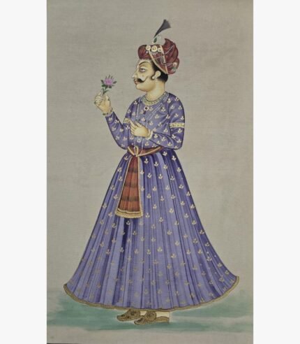 Classical Indian miniature style painting by Chanchal Soni depicting an elegant royal king or maharaja in a purple gold-embroidered jama holding a flower, hand-painted in acrylic on paper.